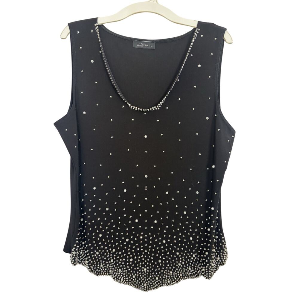 Black Rhinestone Pearl Sleeveless Top Size Large Grunge Rockabilly Bling Stretch